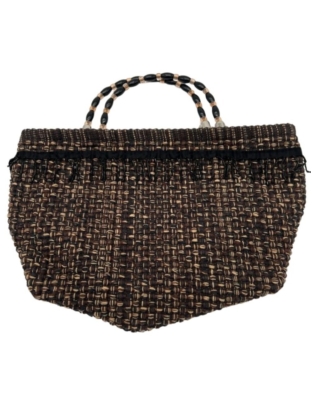 Woven Upholstery-Style Handbag Purse Brown & Black Beaded Handle and Fringe Trim